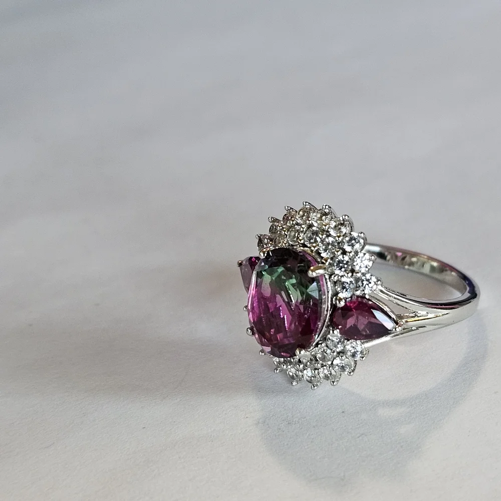Genuine Watermelon Quartz & Multi Gemstone Ring Platinum over 925 Sz 6! - Picture 13 of 13